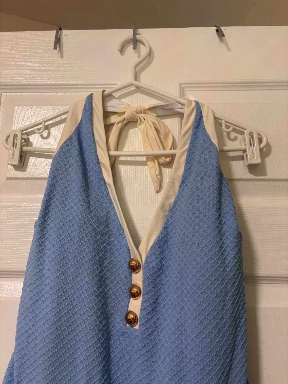 Light Blue Textured One-Piece Swimsuit | Gold Button Halter | NWT (XL) - Picture 6 of 8